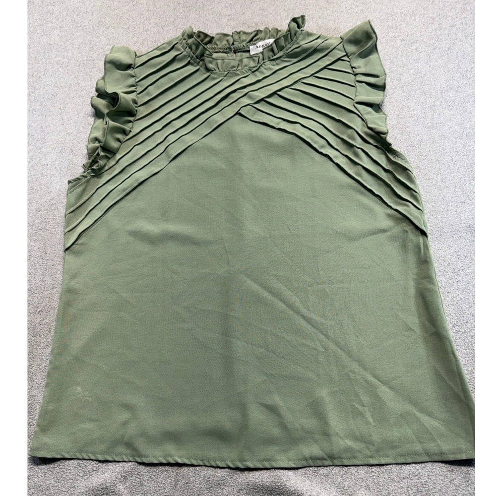 Angashion Women L Sage Green Ruffle Pleated Sleeveless Blouse High Neck Top Boho